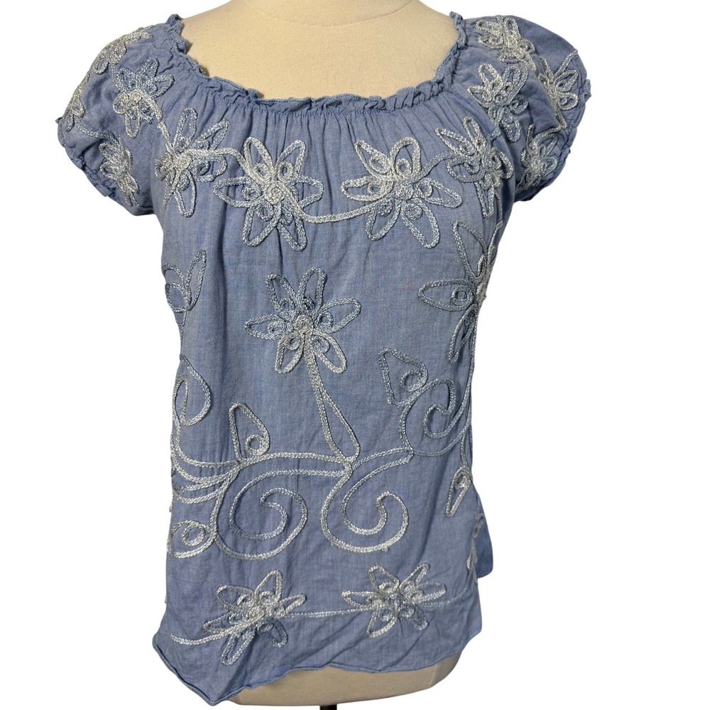Blue Chambrayβ Floral Embroidered Peasant Blouse Short Puff Sleeve Top